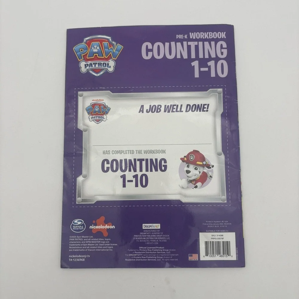 Paw‎ Patrol Pre-K Workbook Counting 1-10 Nickelodeon Purple PB Kids Activity